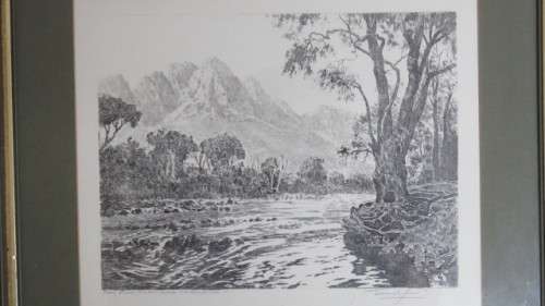 Framed Original Tinus de Jongh (1885-1942) Etching `Berg River Jonkershoek Stellenbosch` Signed