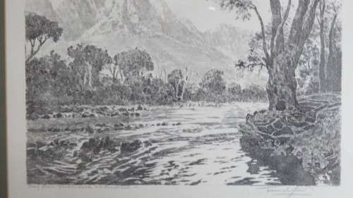Framed Original Tinus de Jongh (1885-1942) Etching `Berg River Jonkershoek Stellenbosch` Signed