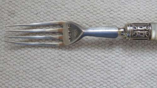 Hallmarked Henry Adcock Birmingham 1856-57 Silver Fork With Pearlised Handle 36 g