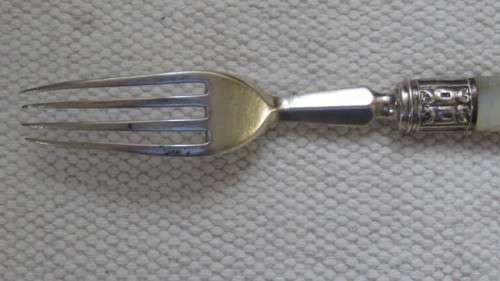 Hallmarked Henry Adcock Birmingham 1856-57 Silver Fork With Pearlised Handle 36 g