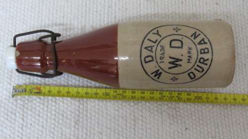 Two Vintage W. Daly Durban Stoneware Ginger Beer Bottles With Stoppers L: 23 cm
