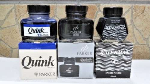 Three Boxed Full Bottles of Writing Ink - Two Parker Quink, One Waterman Details in Description