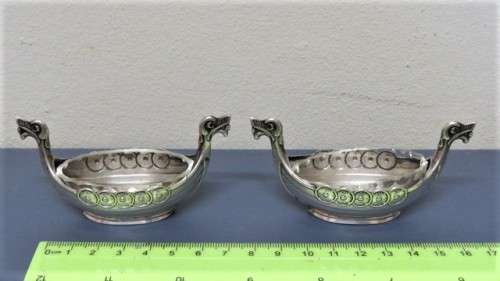Two Lovely Vintage Norwegian .830 Silver Viking Boat Salt Pots Clear Glass Liners 45 x 90 mm 25 g