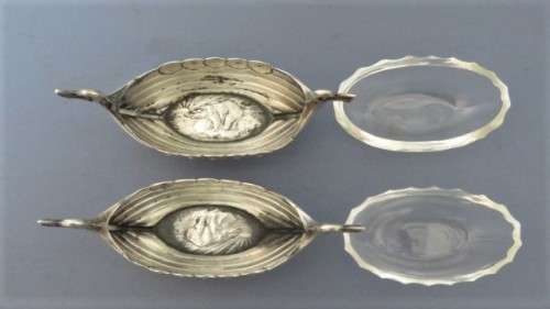 Two Lovely Vintage Norwegian .830 Silver Viking Boat Salt Pots Clear Glass Liners 45 x 90 mm 25 g