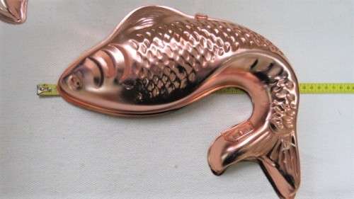 Two Vintage Lightweight Copper Coloured Fish Shaped Jelly Moulds L: 305 mm (RELISTED ITEM)
