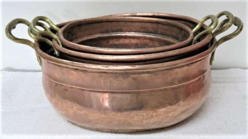 Set of 3 Vintage Hand Made Oval Copper Basins/Pots Brass Handles Copper Rivets See Description
