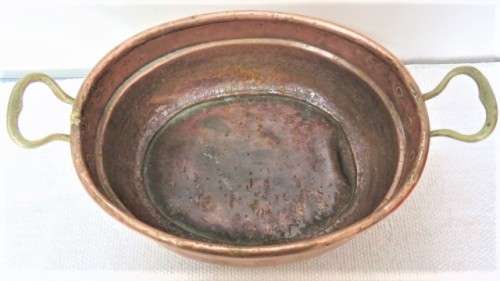 Set of 3 Vintage Hand Made Oval Copper Basins/Pots Brass Handles Copper Rivets See Description