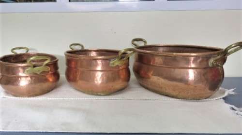 Set of 3 Vintage Hand Made Oval Copper Basins/Pots Brass Handles Copper Rivets See Description