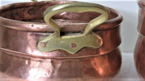 Set of 3 Vintage Hand Made Oval Copper Basins/Pots Brass Handles Copper Rivets See Description