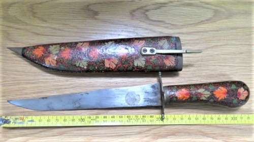 Fabulous Vintage Dagger/Knife With Sheath Painted Floral Decoration Brass Trim L: 34 cm