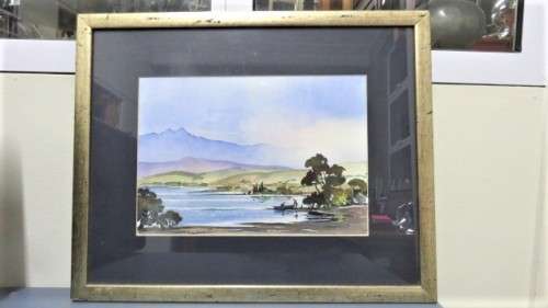 Stunning Vintage Framed Watercolour Two Men With Boat on Lake Signed 51,5 x 41,5 cm