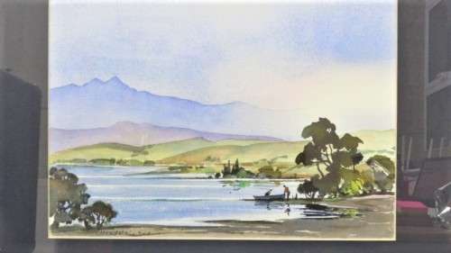 Stunning Vintage Framed Watercolour Two Men With Boat on Lake Signed 51,5 x 41,5 cm