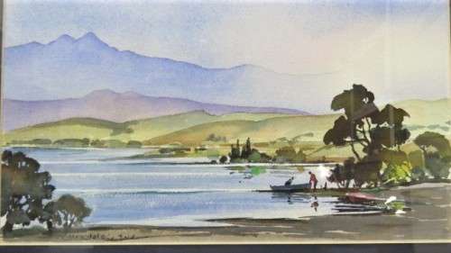 Stunning Vintage Framed Watercolour Two Men With Boat on Lake Signed 51,5 x 41,5 cm