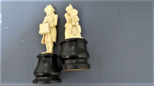 Two Vintage Hand Carved Bone Musician Figurines Mounted on Turned Wood Bases