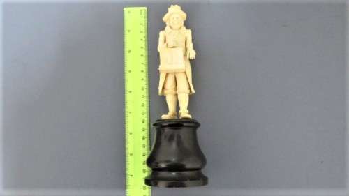 Two Vintage Hand Carved Bone Musician Figurines Mounted on Turned Wood Bases
