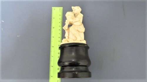Two Vintage Hand Carved Bone Musician Figurines Mounted on Turned Wood Bases