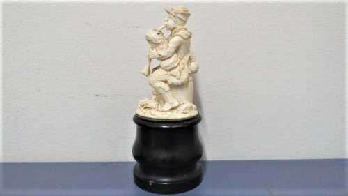 Two Vintage Hand Carved Bone Musician Figurines Mounted on Turned Wood Bases