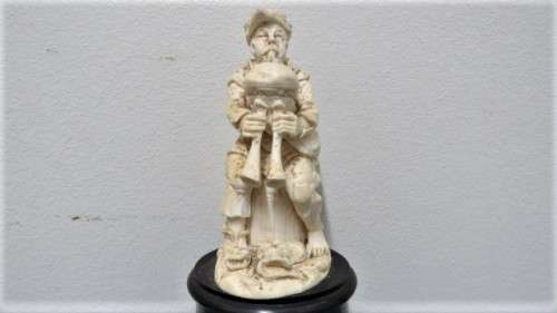 Two Vintage Hand Carved Bone Musician Figurines Mounted on Turned Wood Bases
