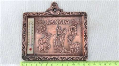 Awesome Vintage Copper Canada Souvenir Plaque With Thermometer 130 x 100 mm SOLD AS IS