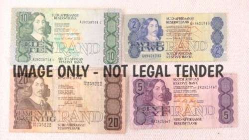 Four South African Bank Notes - R20, R10, R5, R2 Gerhard de Kock & CL Stals Details in Description