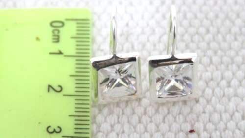 Stunning Vintage Sterling Silver 925 Square Drop Earrings Clear Faceted Stones 10 x 10 mm (3.6 g)