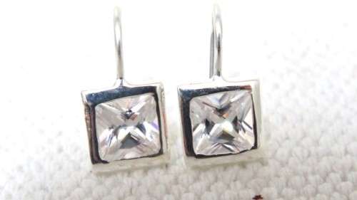 Stunning Vintage Sterling Silver 925 Square Drop Earrings Clear Faceted Stones 10 x 10 mm (3.6 g)
