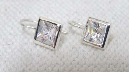 Stunning Vintage Sterling Silver 925 Square Drop Earrings Clear Faceted Stones 10 x 10 mm (3.6 g)