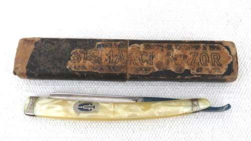 Vintage Boxed Brah & Plumacher Solingen-Weyer Blue Diamond Cutthroat Razor Mother Of Pearl Handle