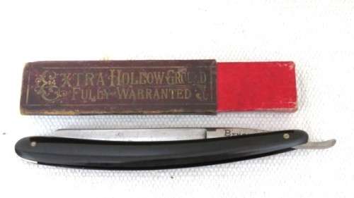 Vintage T.P. Cadman & Sons Ltd Sheffield England Bengall Cutthroat Razor In Box Black Handle 25 cm