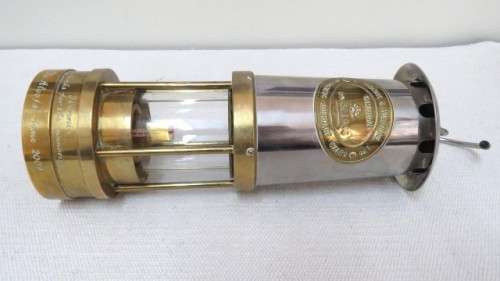 Superb Vintage E. Thomas & Williams Ltd Authentic Brass/Stainless Steel Miner`s Oil Lamp In Holder