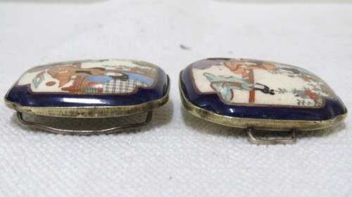 Beautiful Antique Japanese Satsuma Hand Painted Porcelain Enamel Belt Buckle (Two Parts) 5 x 5 cm
