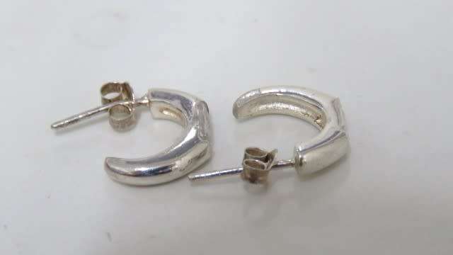 Lovely Vintage Sterling Silver 925 Half Hoop Stud Earrings Oblong Clear Stones D: 14 mm (3.0 g)