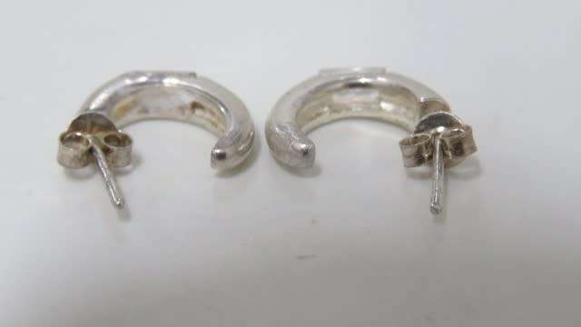 Lovely Vintage Sterling Silver 925 Half Hoop Stud Earrings Oblong Clear Stones D: 14 mm (3.0 g)