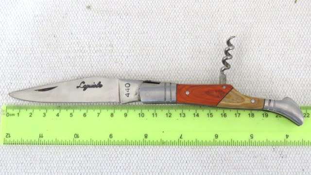 Fabulous Vintage `Laguiole 440` Folding Knife With Corkscrew & Two Tone Wood Handle L: 220 mm