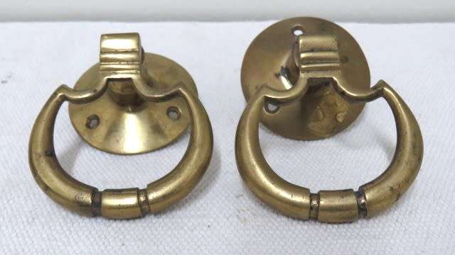 Two Stunning Vintage Solid Brass Drawer/Cupboard/Door Swing Drop Pull Handles 70 x 75 mm