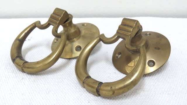 Two Stunning Vintage Solid Brass Drawer/Cupboard/Door Swing Drop Pull Handles 70 x 75 mm