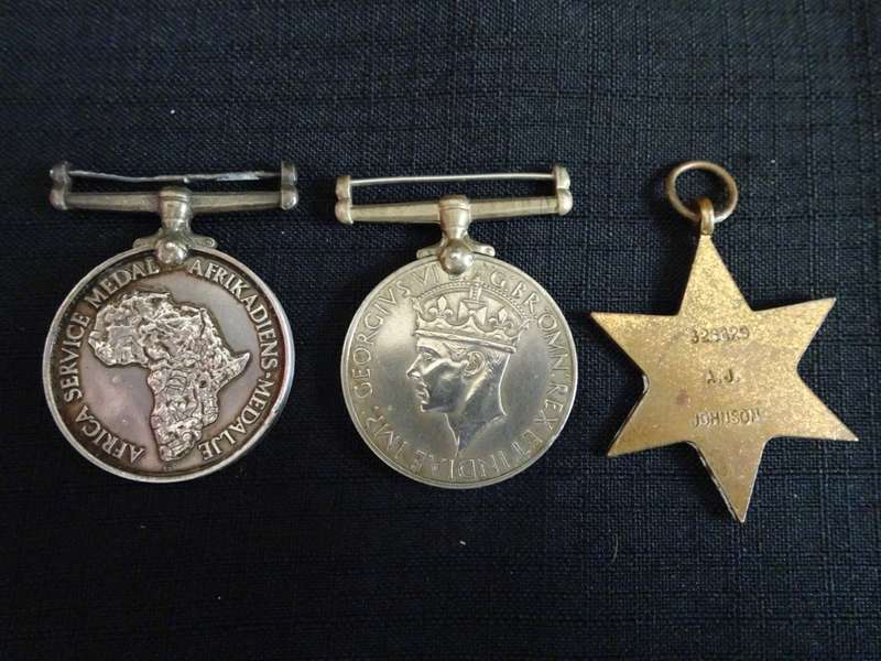 WW11 Silver Africa Service Medal, War Medal, Star Medal Awarded Metals Issued to A.J Johnson 326629