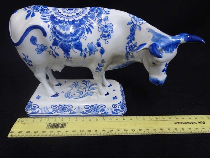 Large Vintage Royal Delft Cow Figurine Statue Blue & White Floral Decor