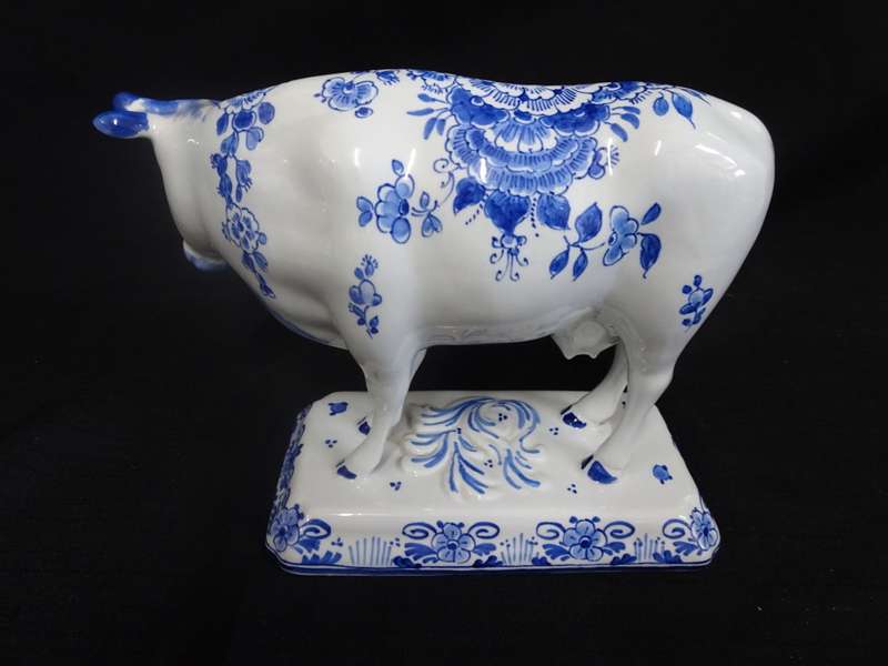 Large Vintage Royal Delft Cow Figurine Statue Blue & White Floral Decor