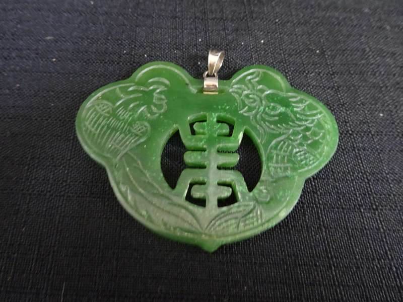 Vintage Greeb Jade Good Luck Pendant With Sterling Silver Clasp