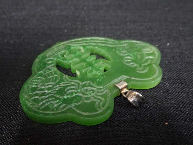 Vintage Greeb Jade Good Luck Pendant With Sterling Silver Clasp