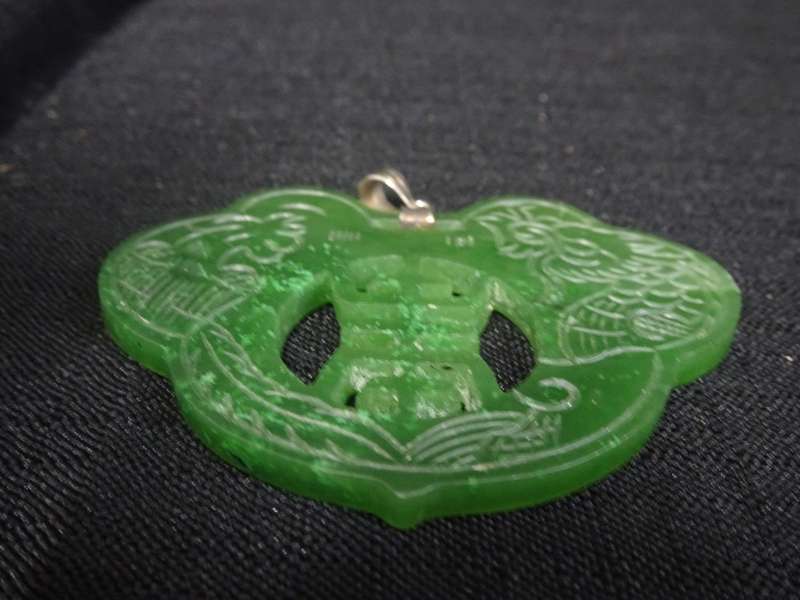 Vintage Greeb Jade Good Luck Pendant With Sterling Silver Clasp