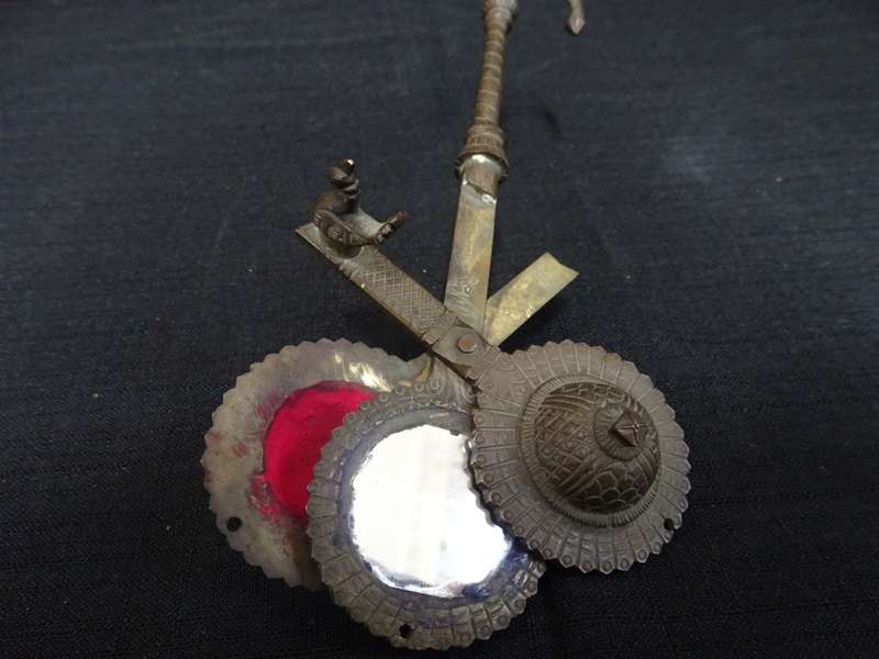 Antique Brass KAJAL DANI Kohl Holder with Mirror and Kohl pots - Peacock Motif