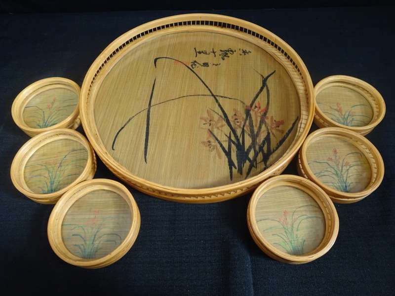 Vintage Asian Bamboo Serving Tray And Six Coasters With Glass - Made In China