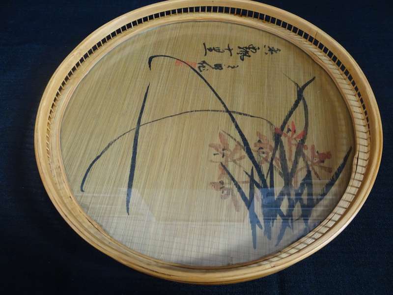 Vintage Asian Bamboo Serving Tray And Six Coasters With Glass - Made In China