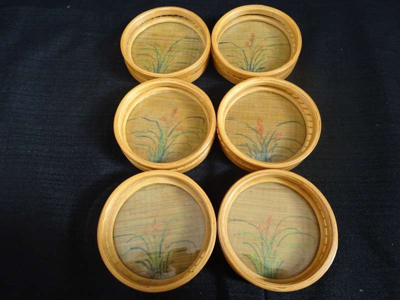 Vintage Asian Bamboo Serving Tray And Six Coasters With Glass - Made In China