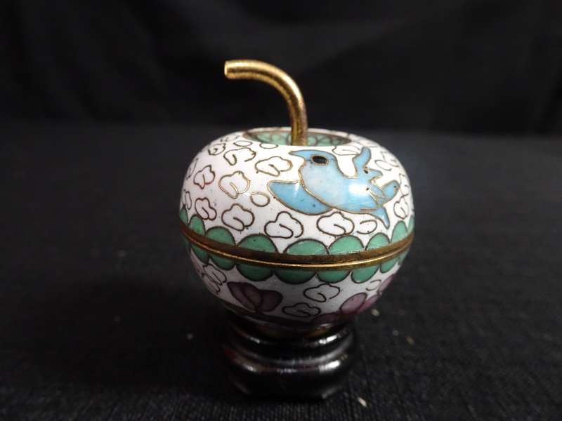 Vintage Cloisonne Apple With Lid Goldstone Stem Chinese Floral Trinket Jewelry Box On Stand -4cmx3cm