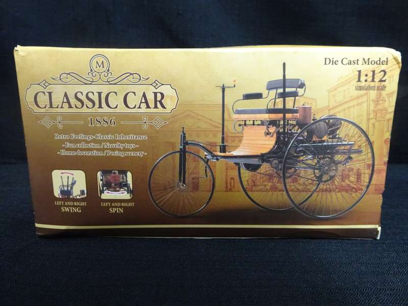 1886 Three-Wheel Automobile Simulation Car Model, Classic Car Alloy Model Ornament 1:12 Scale