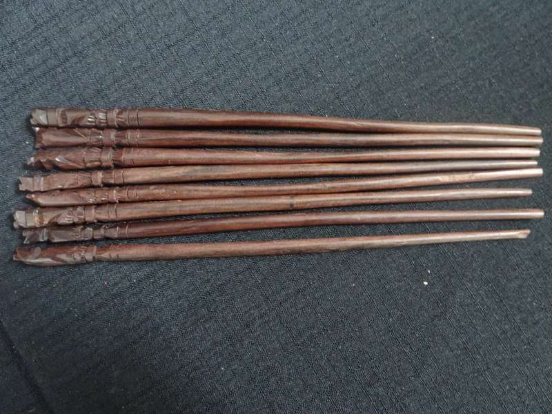 Rare Vintage Wooden Box Containing 8 Chopsticks With Carved Top Depicting A Lizard and Frog