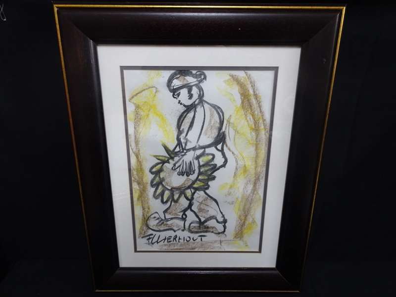 Frans Claerhout (SA 1919 - 2006) Mixed Media "Boy With Giant Sunflower" - Framed - See Description